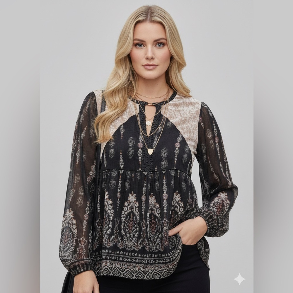 Knox Rose sheer top with a pink/purple paisley pattern and velvet paneling Sz XS